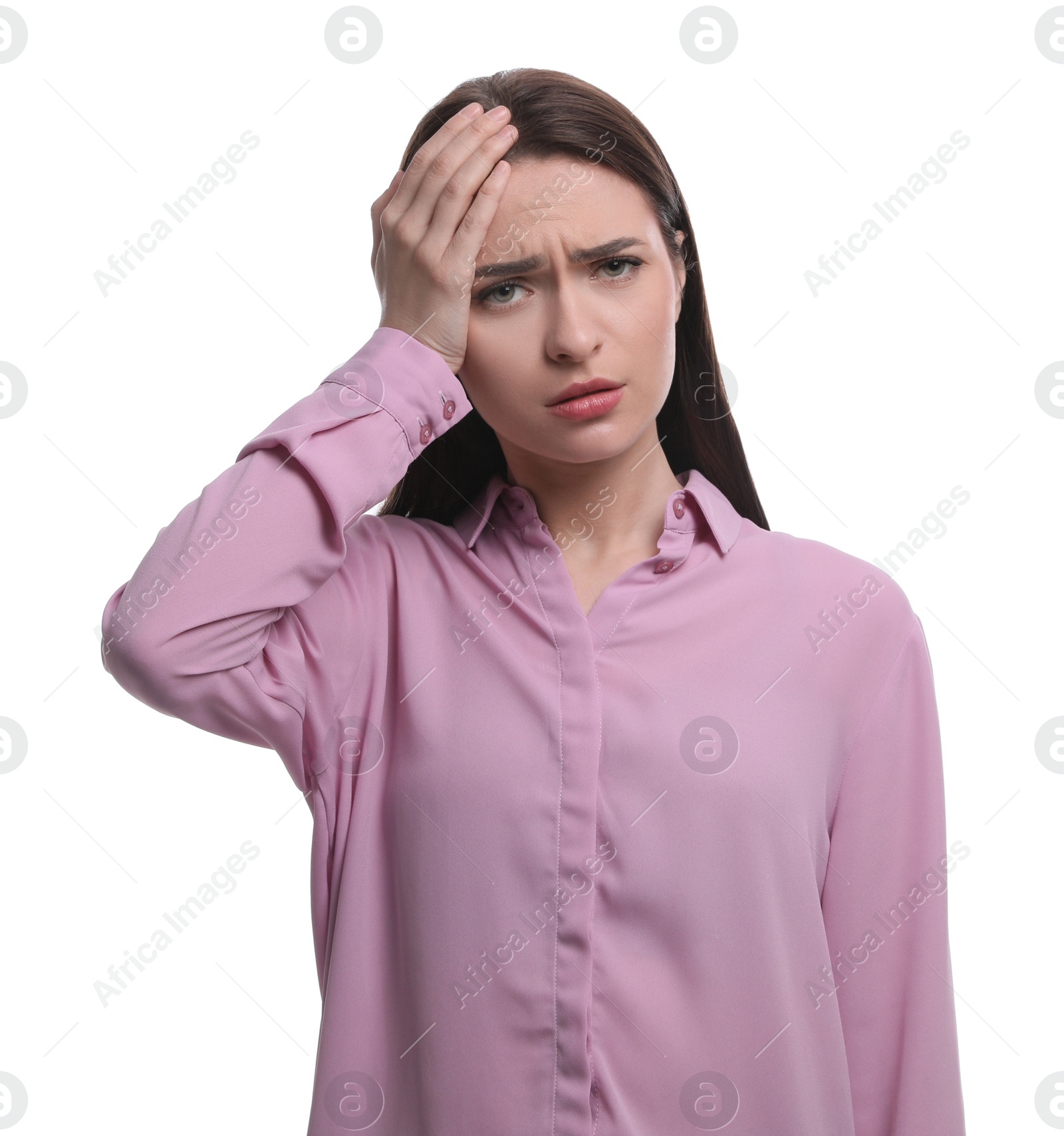 Photo of Woman suffering from headache on white background. Cold symptoms