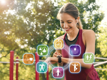 Image of Woman using smart watch during training outdoors. Icons near hand with device