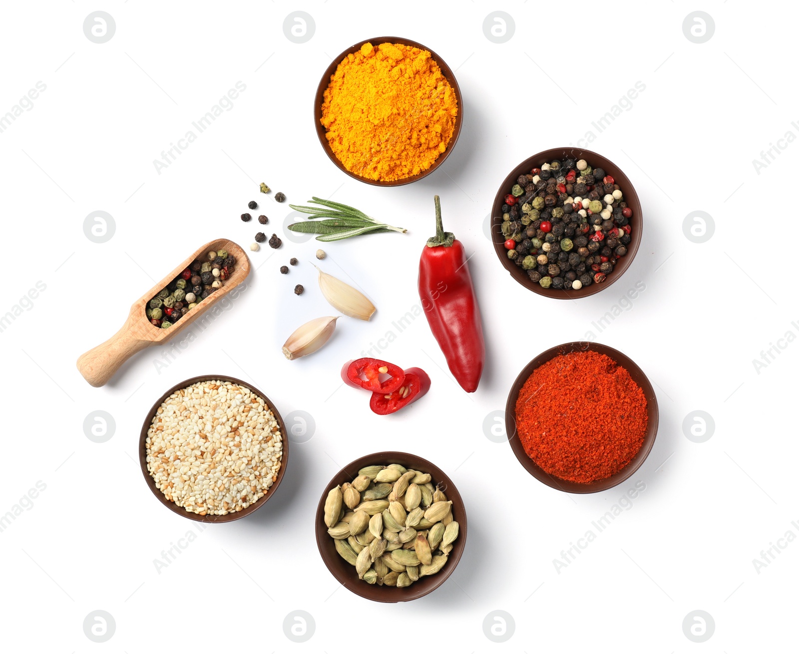 Photo of Composition with different aromatic spices on white background, top view