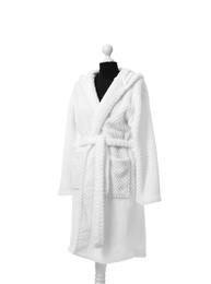 Photo of Soft clean cotton bathrobe on white background