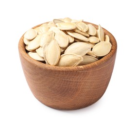 Photo of Wooden bowl with pumpkin seeds isolated on white