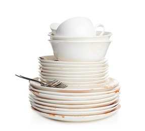 Photo of Pile of dirty kitchenware on white background