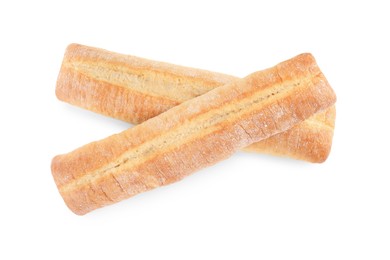 Photo of Tasty baguettes on white background, top view. Fresh bread