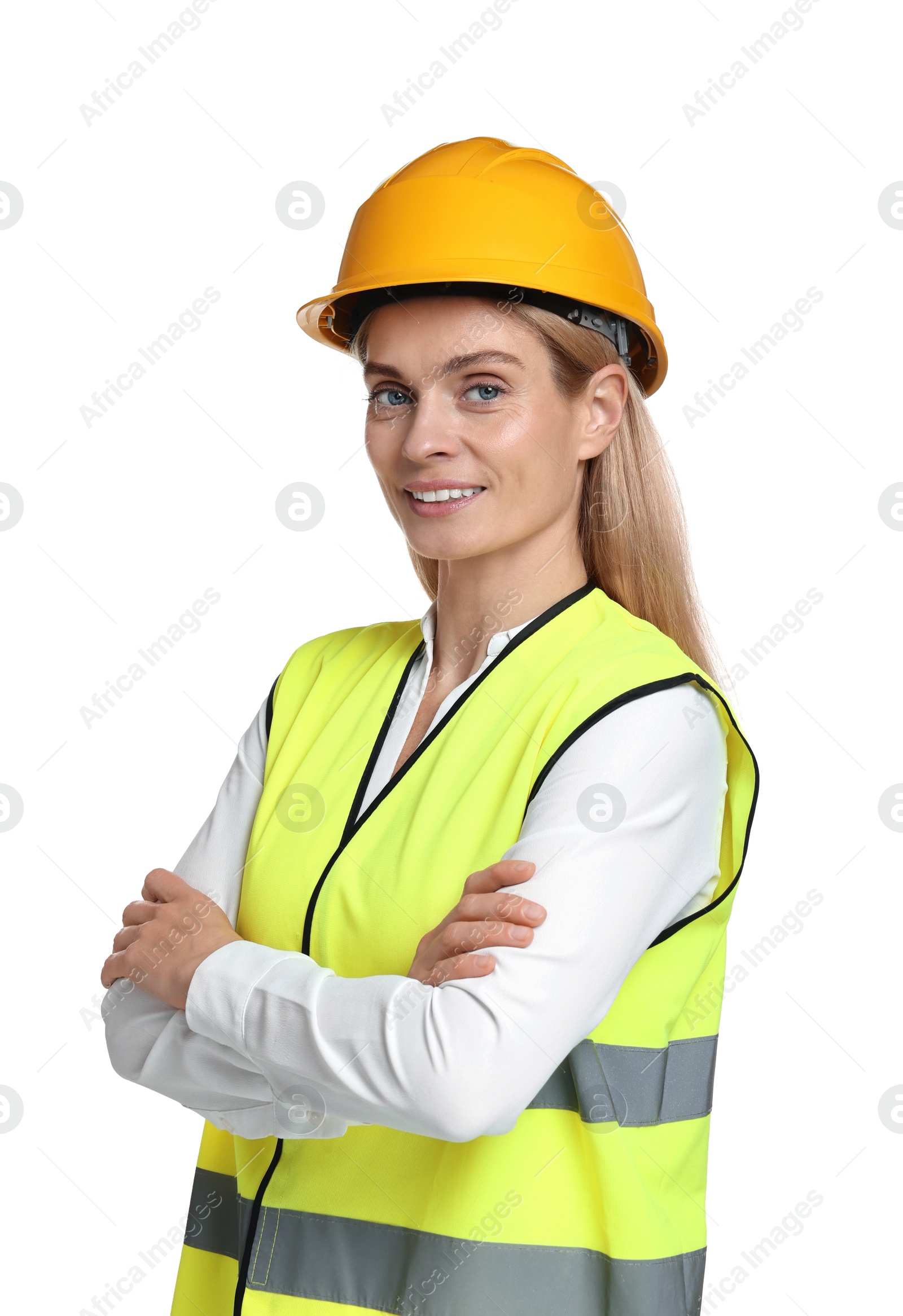 Photo of Engineer in hard hat on white background