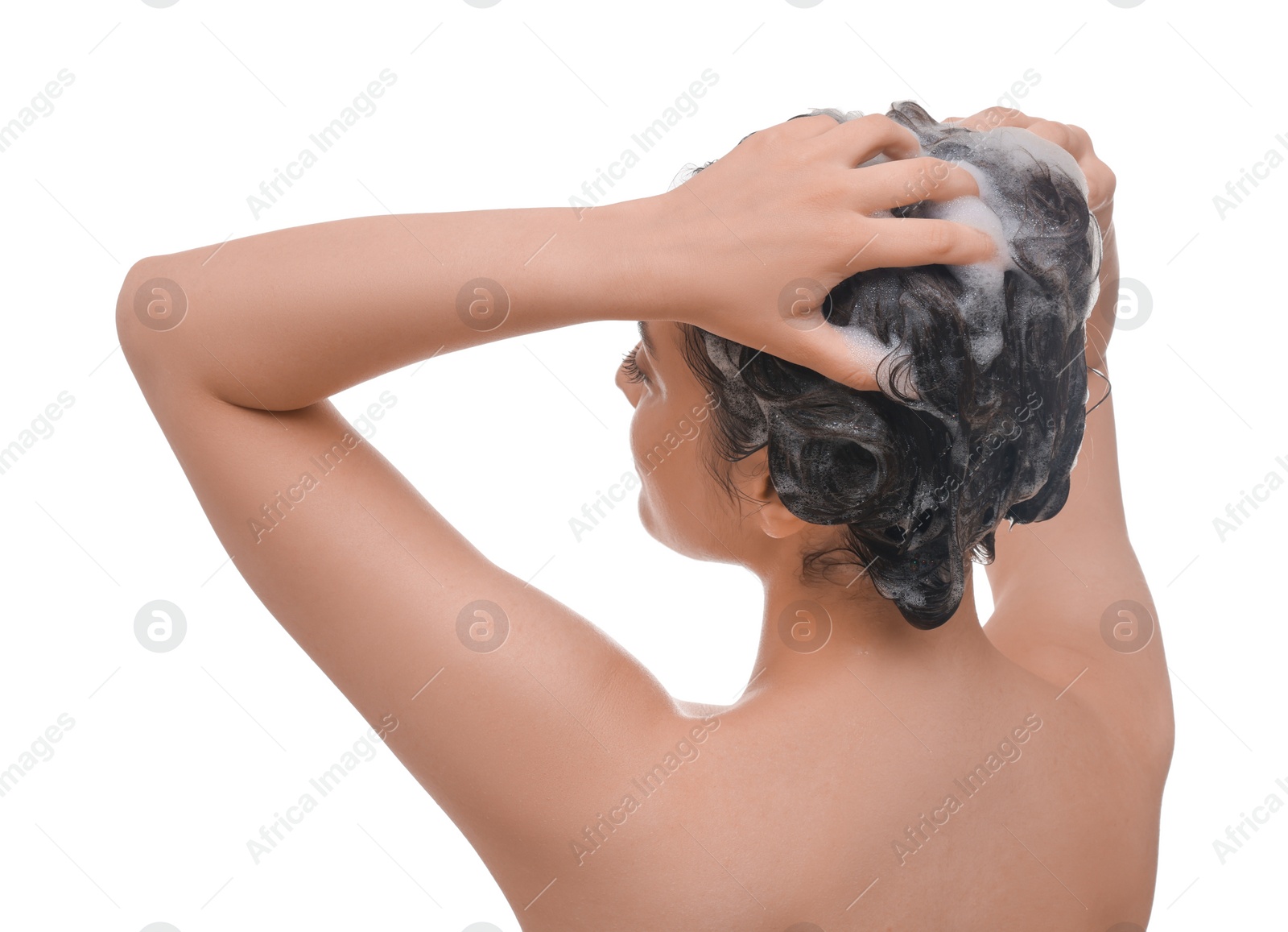 Photo of Woman washing hair on white background, back view