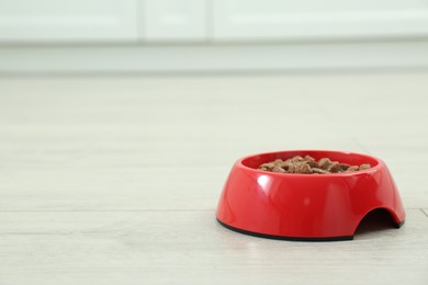 Wet pet food in feeding bowl on floor indoors, space for text