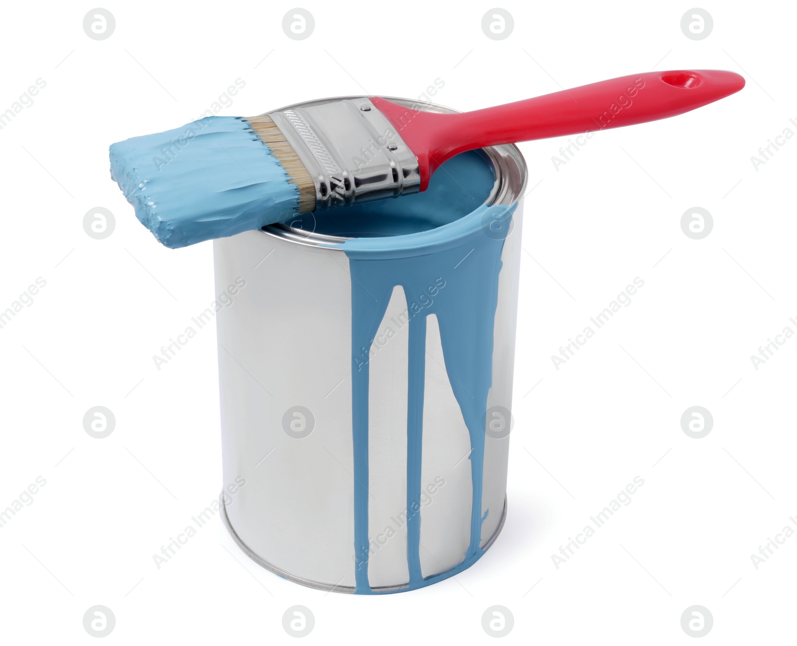Photo of Can of light blue paint and brush isolated on white