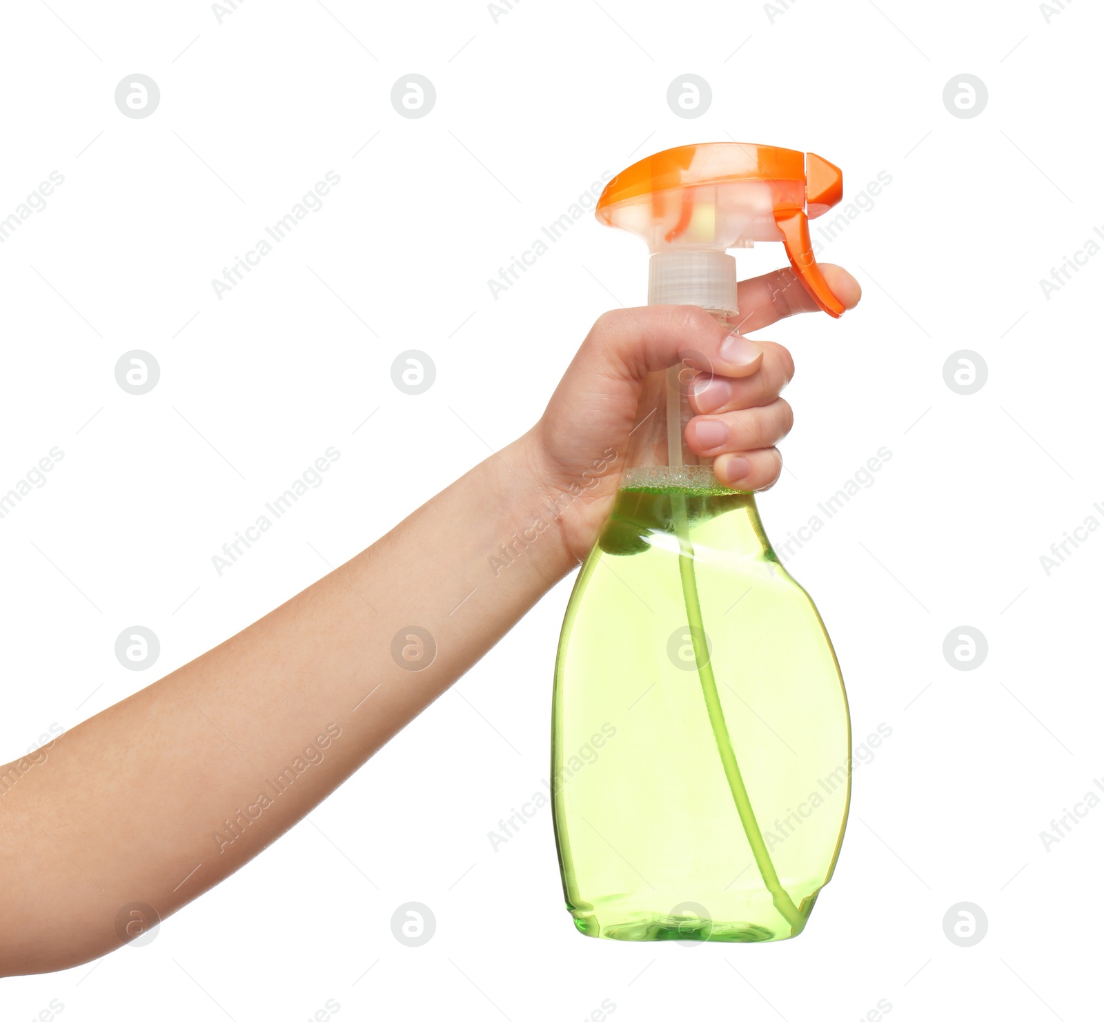 Image of Woman holding spray bottle with detergent on white background, closeup