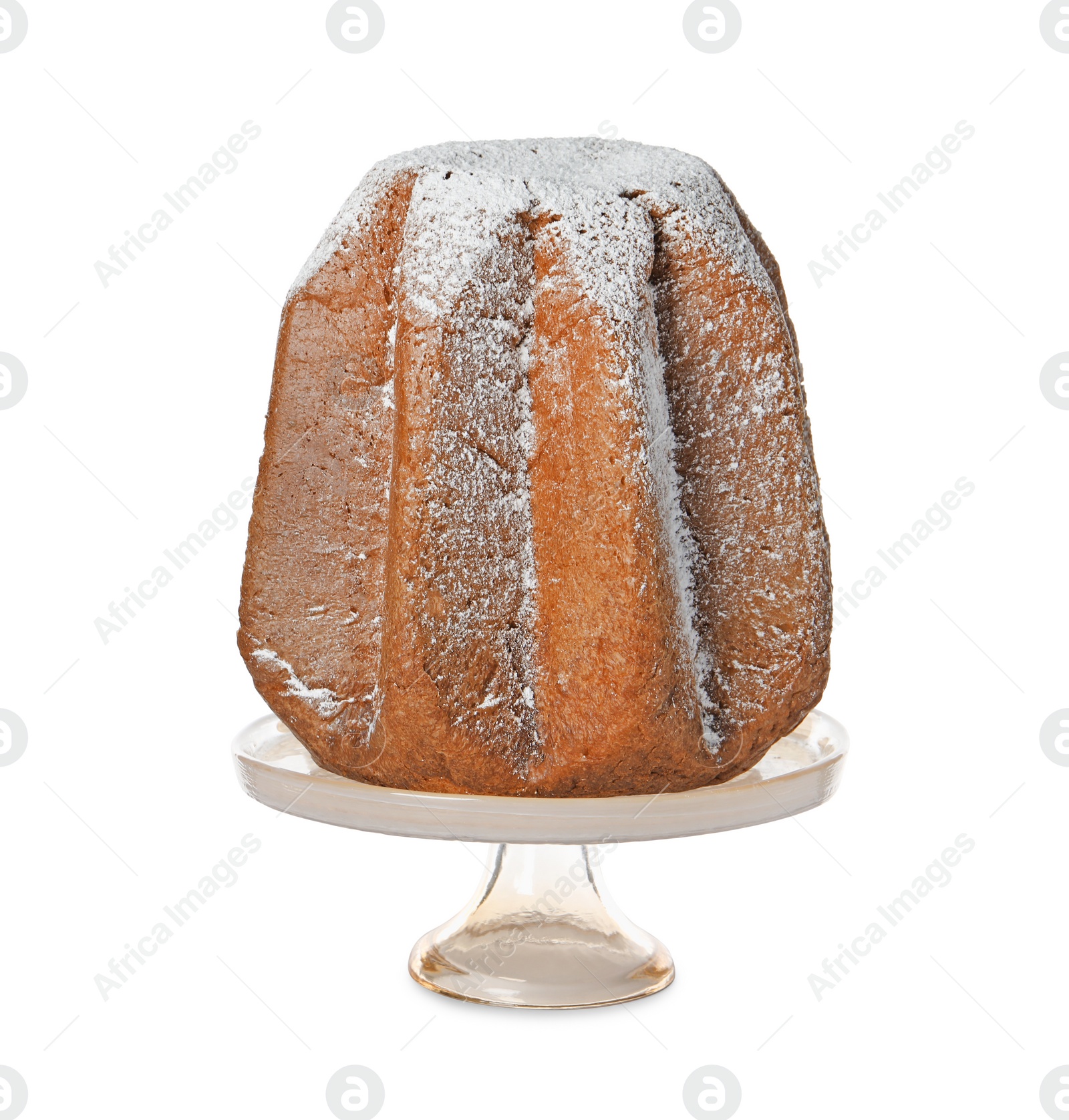 Photo of Delicious Pandoro cake decorated with powdered sugar isolated on white. Traditional Italian pastry