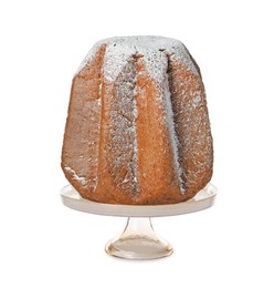 Photo of Delicious Pandoro cake decorated with powdered sugar isolated on white. Traditional Italian pastry