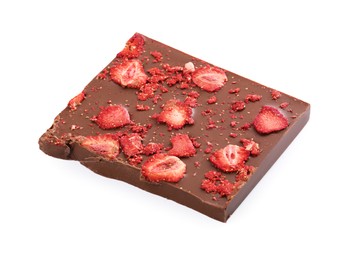 Half of chocolate bar with freeze dried strawberries isolated on white