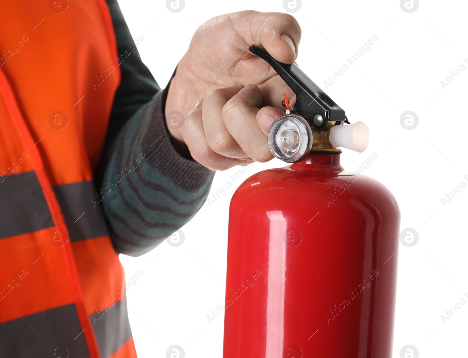 Photo of Man with fire extinguisher on white background, closeup