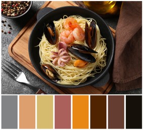 Image of Flat lay composition with delicious pasta with seafood served on grey table and color palette. Collage