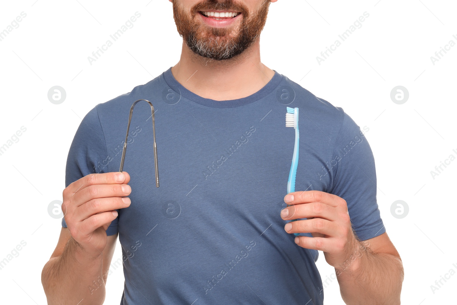 Photo of Man with tongue cleaner and plastic toothbrush on white background, closeup