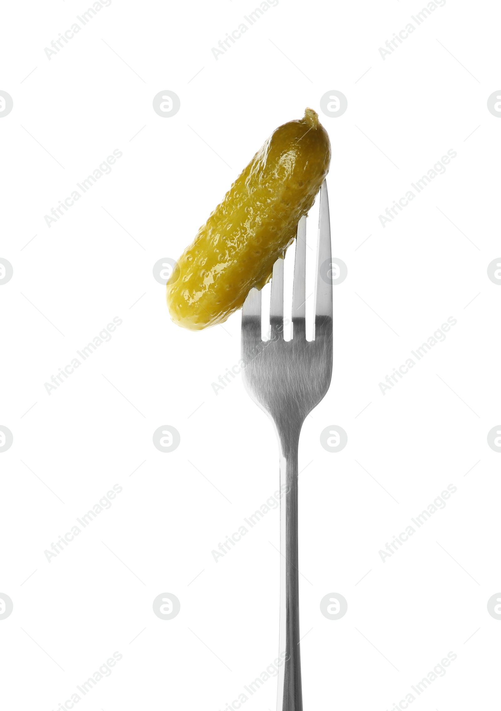 Photo of Fork with tasty pickled cucumber isolated on white