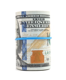 Photo of Roll of dollar bills with rubber band on white background