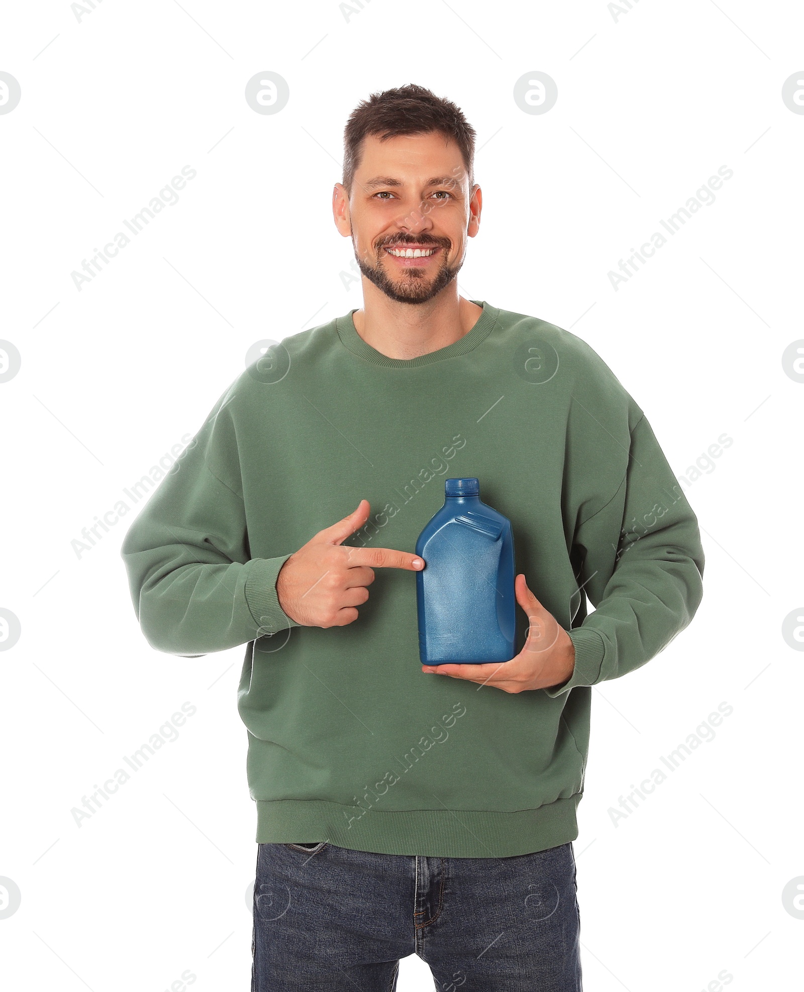 Photo of Man pointing at blue container of motor oil on white background