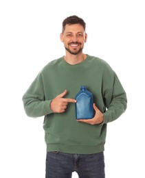 Photo of Man pointing at blue container of motor oil on white background