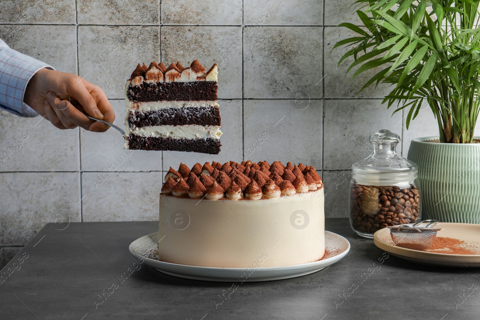 Photo of Woman taking piece of delicious tiramisu cake with server at grey table, closeup