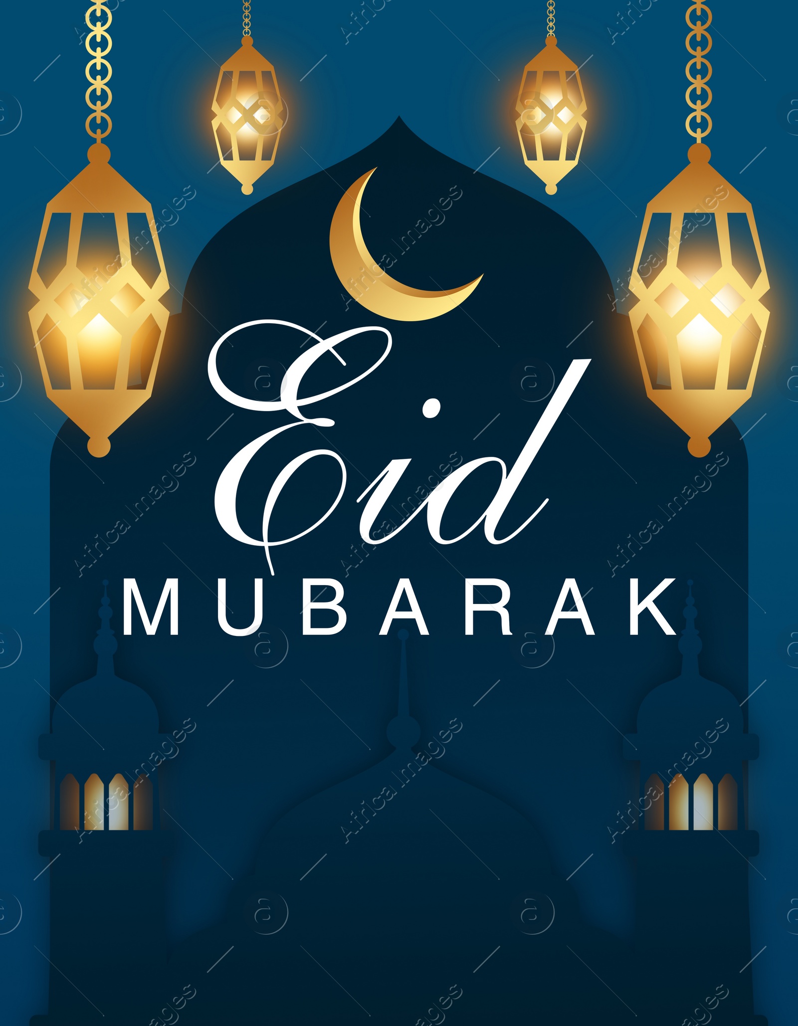 Illustration of Eid Mubarak greeting card with illustrations of crescent moon, Muslim lanterns and mosque on dark blue background