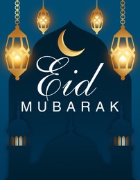 Illustration of Eid Mubarak greeting card with illustrations of crescent moon, Muslim lanterns and mosque on dark blue background