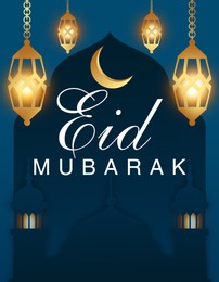 Eid Mubarak greeting card with illustrations of crescent moon, Muslim lanterns and mosque on dark blue background