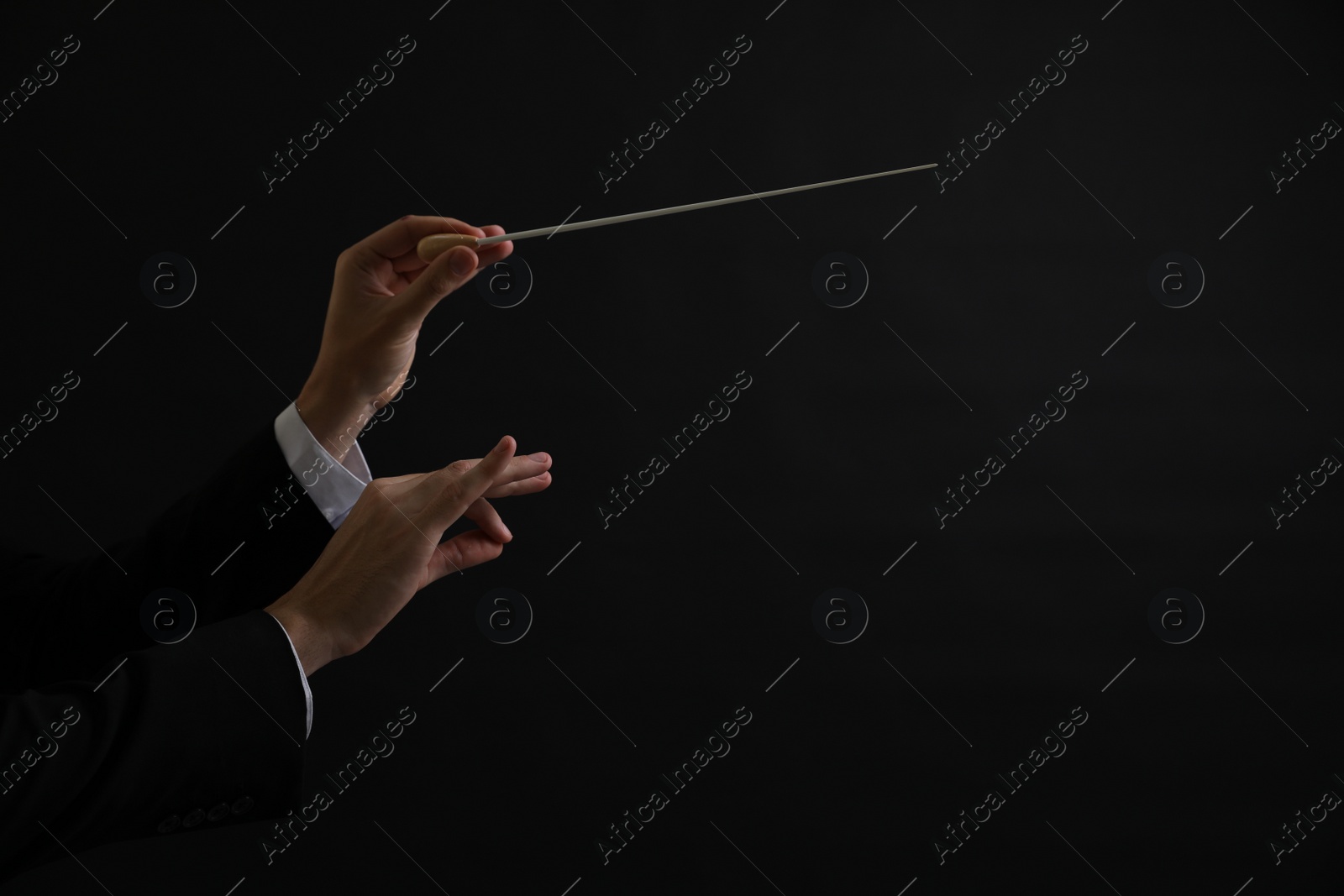 Photo of Professional conductor with baton on black background, closeup. Space for text