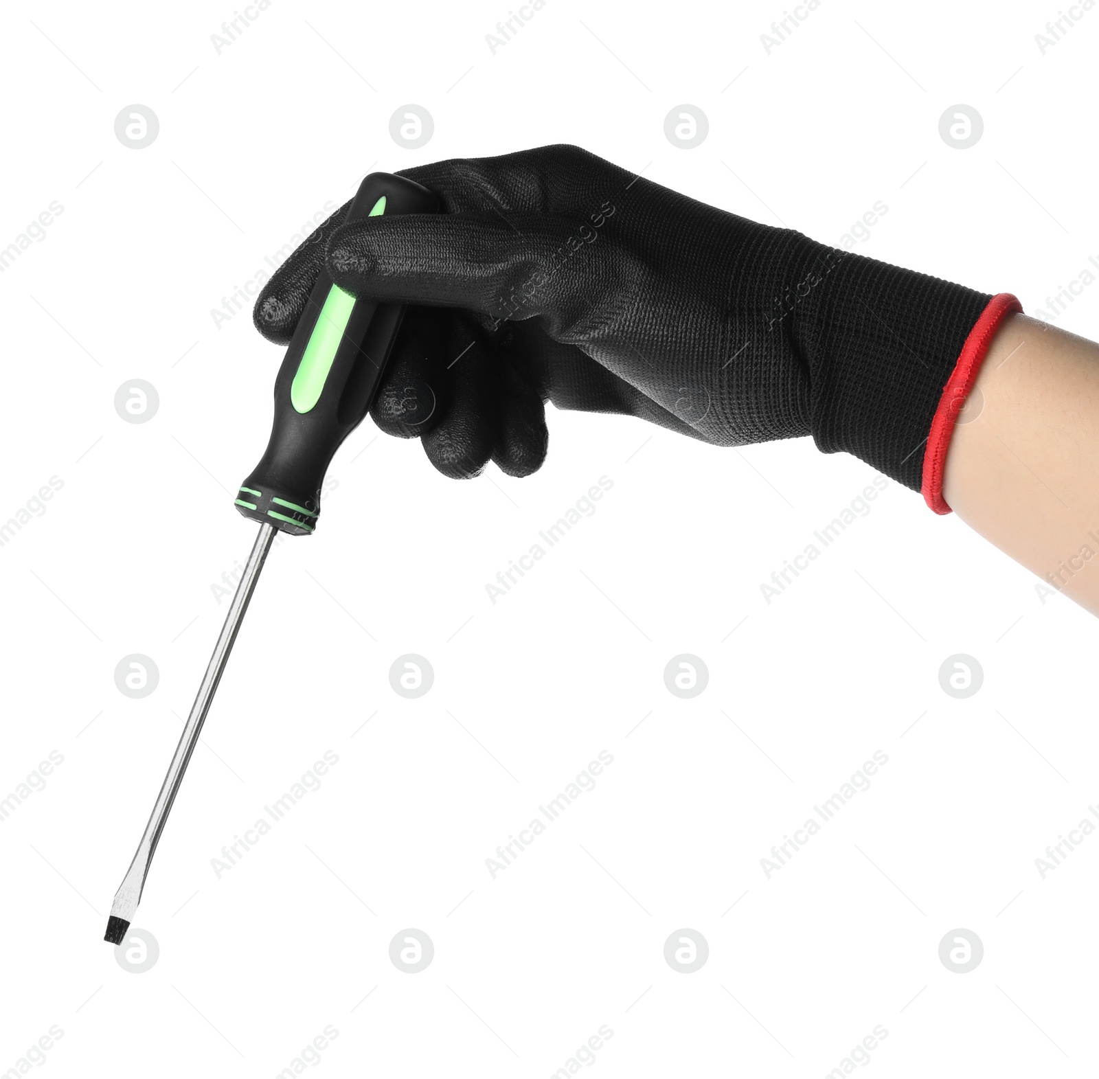 Photo of Woman holding screwdriver on white background, closeup