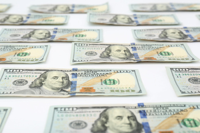 Photo of Dollar banknotes on white background. American national currency