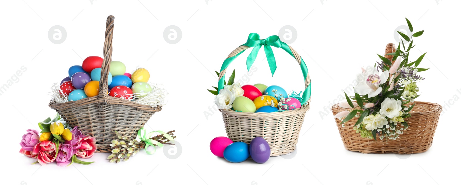 Image of Set with wicker baskets on white background, banner design. Easter item