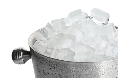 Photo of Metal bucket with ice cubes isolated on white