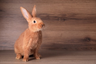 Photo of Cute bunny on table against wooden background, space for text. Easter symbol