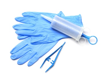 Photo of Flat lay composition with medical gloves on white background