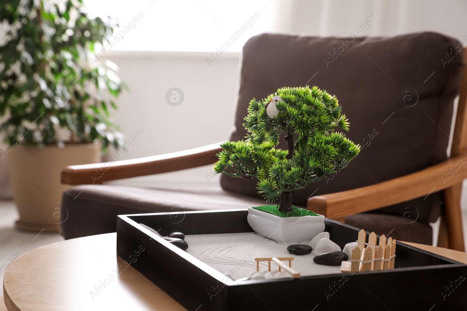 Photo of Beautiful miniature zen garden on wooden table indoors