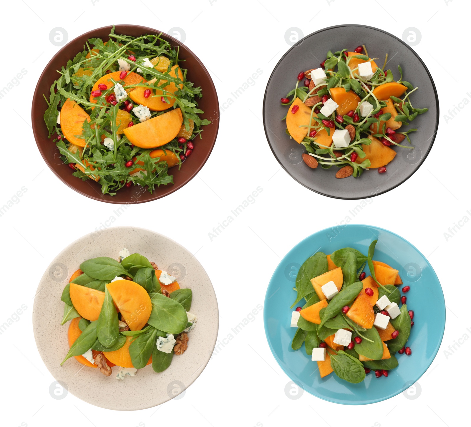 Image of Set of tasty persimmon salads on white background, top view