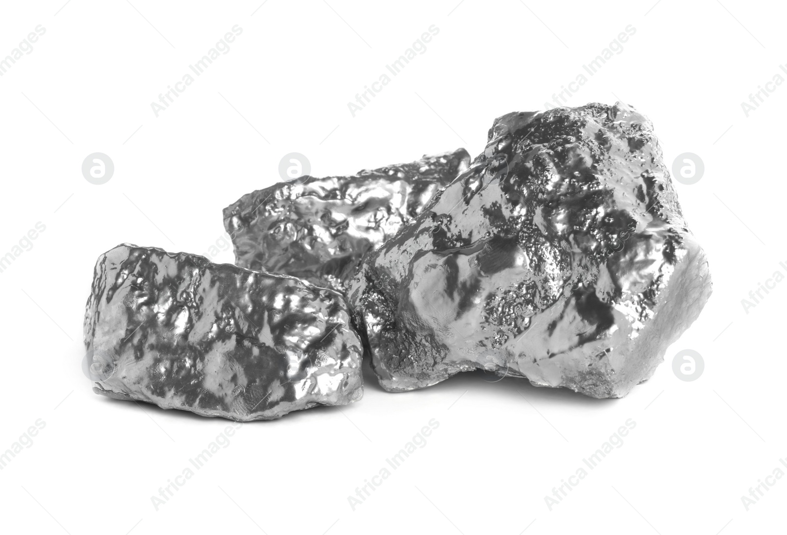 Photo of Many shiny silver nuggets on white background