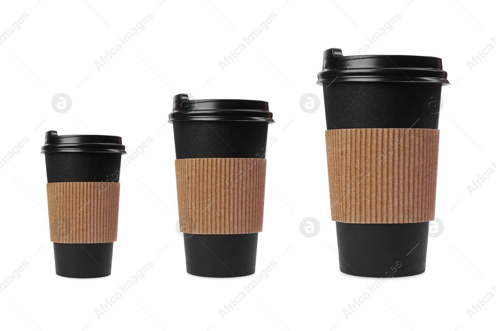 Image of Set with different takeaway coffee cups on white background