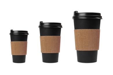 Image of Set with different takeaway coffee cups on white background