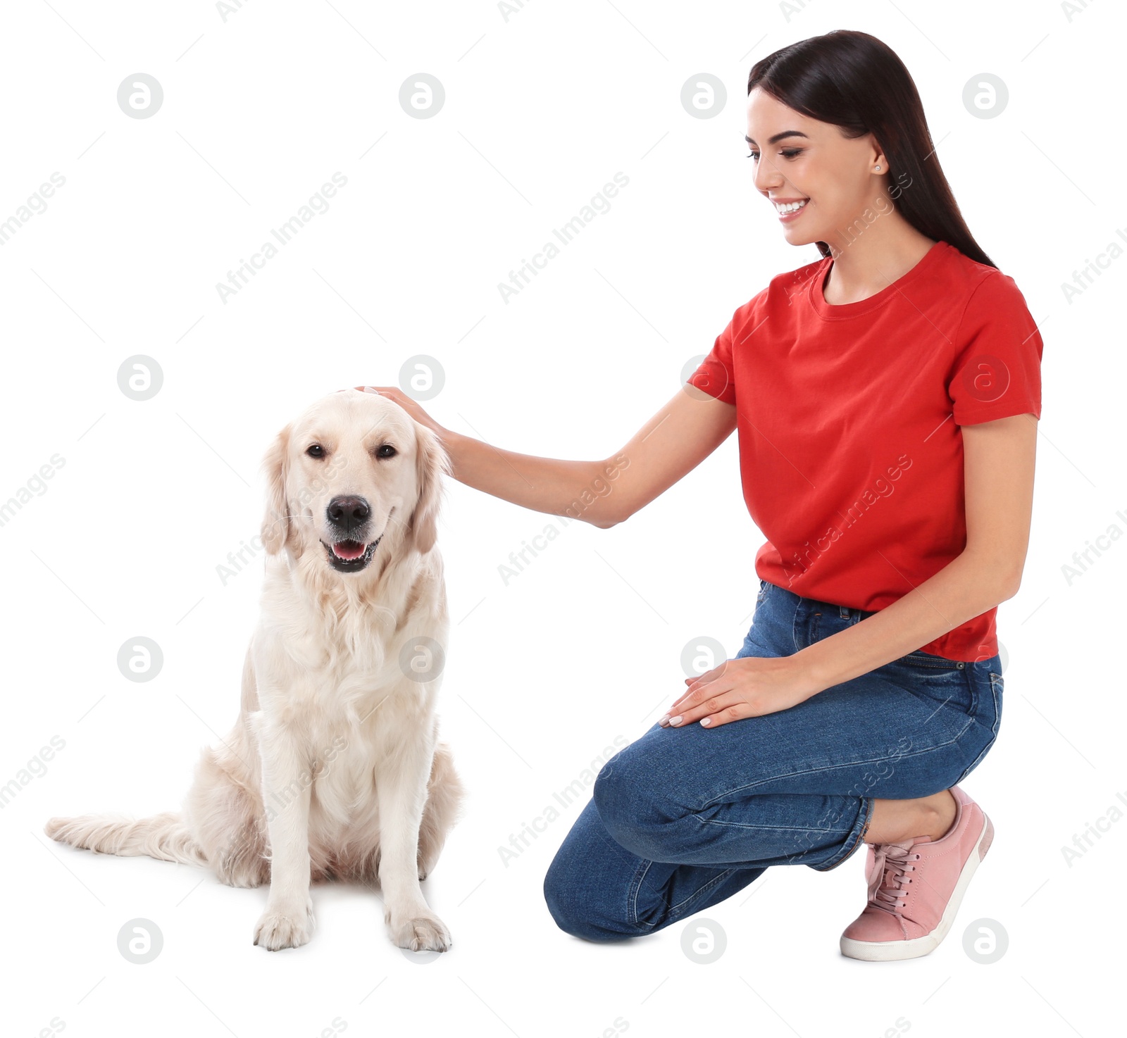 Photo of Young woman and her Golden Retriever dog on white background