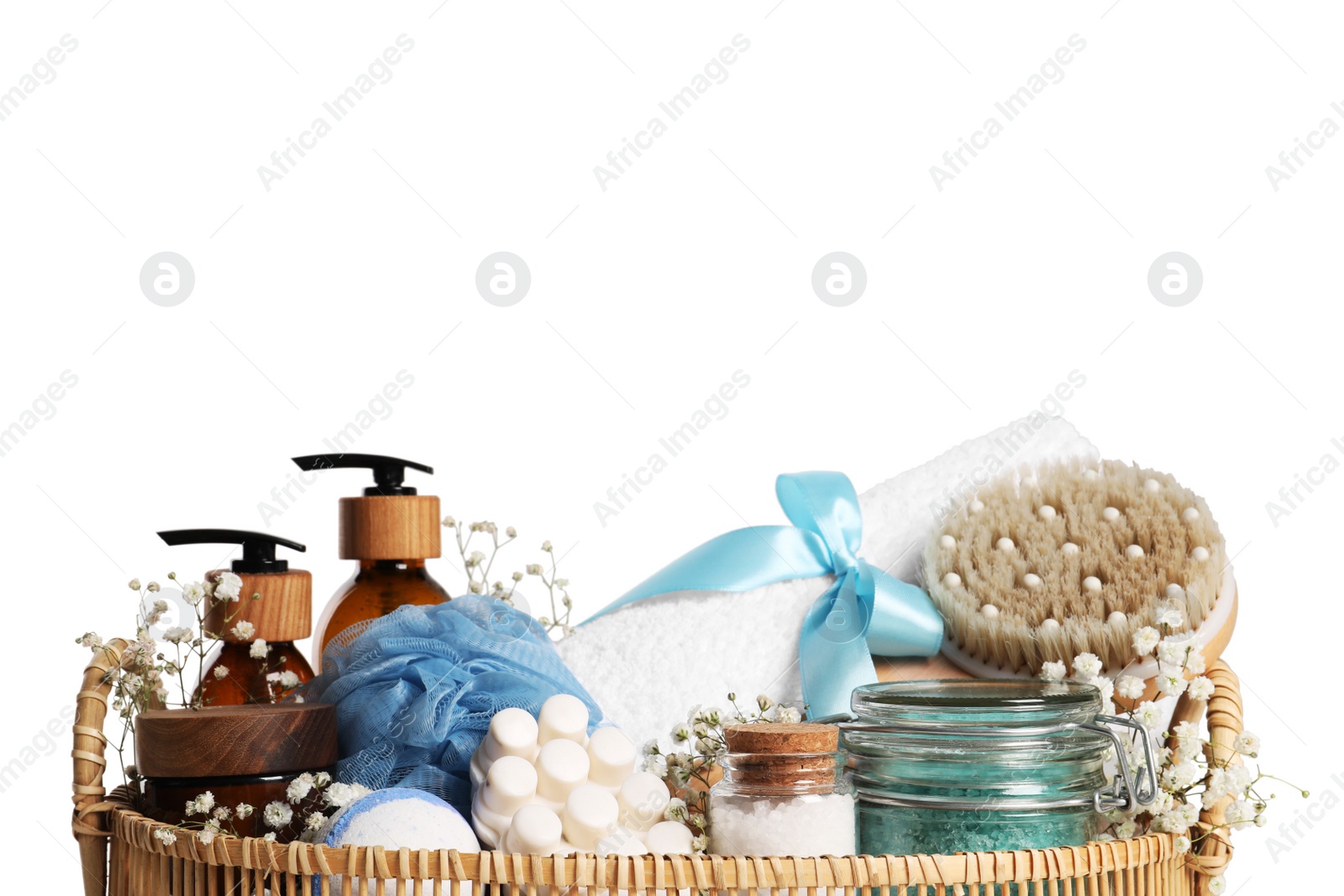 Photo of Spa gift set with different personal care products isolated on white