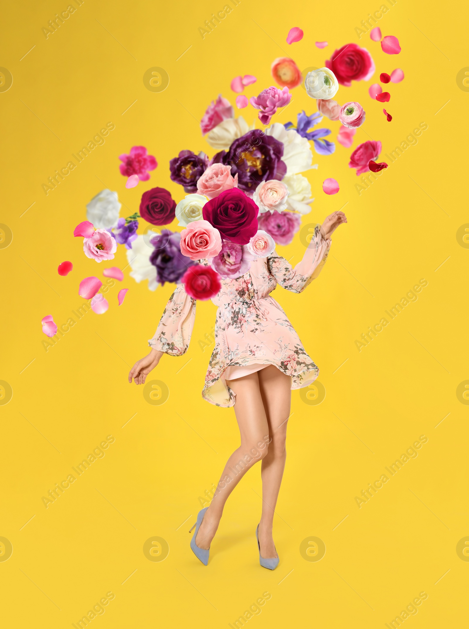 Image of Creative spring fashion composition. Dancing girl and flowers splash