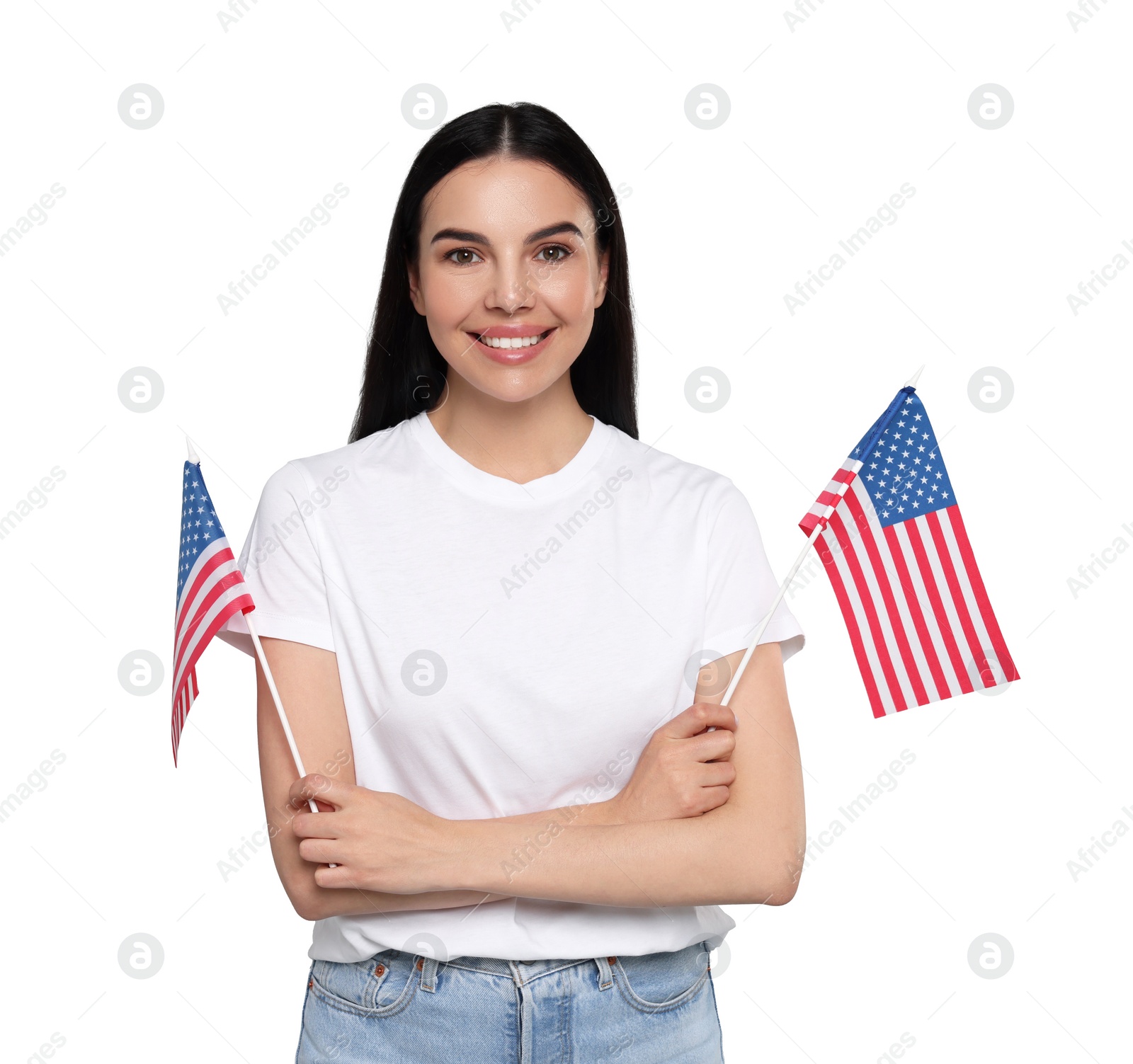 Image of 4th of July - Independence day of America. Happy woman holding national flags of United States on white background