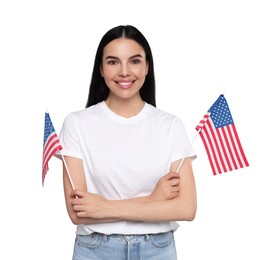Image of 4th of July - Independence day of America. Happy woman holding national flags of United States on white background