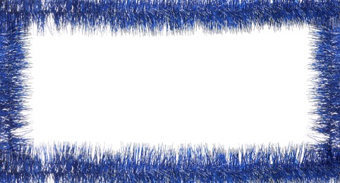 Image of Frame made of shiny blue tinsels on white background, top view. Space for text