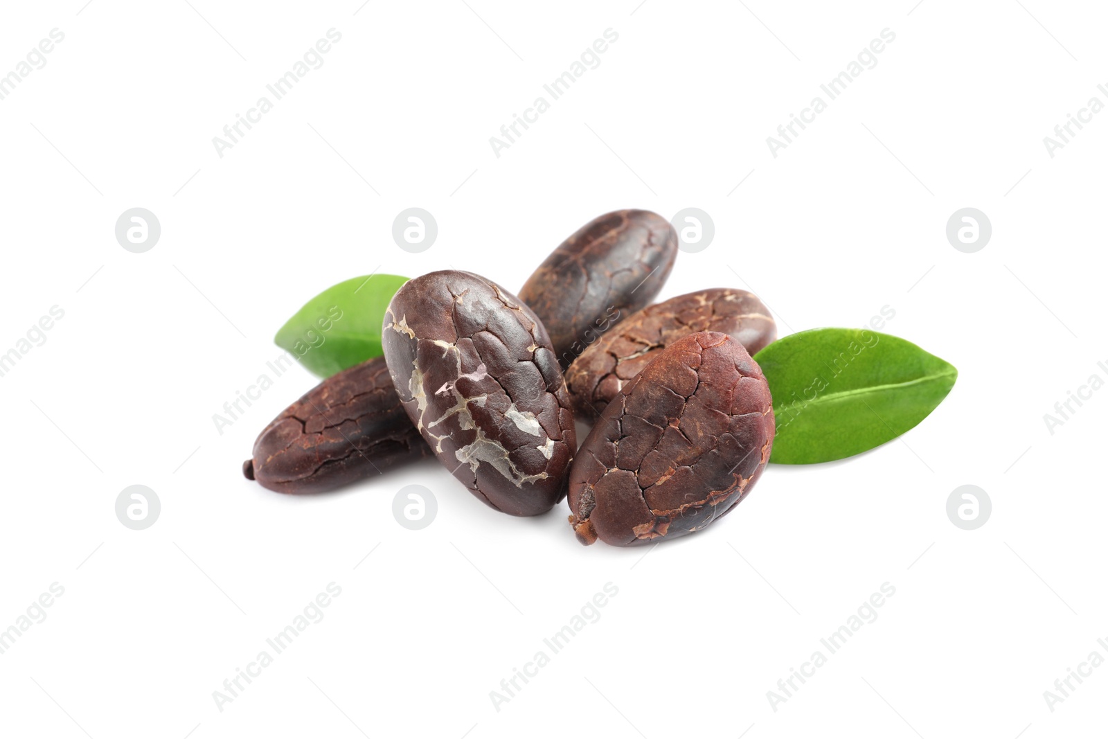 Photo of Pile of aromatic cocoa beans with leaves isolated on white