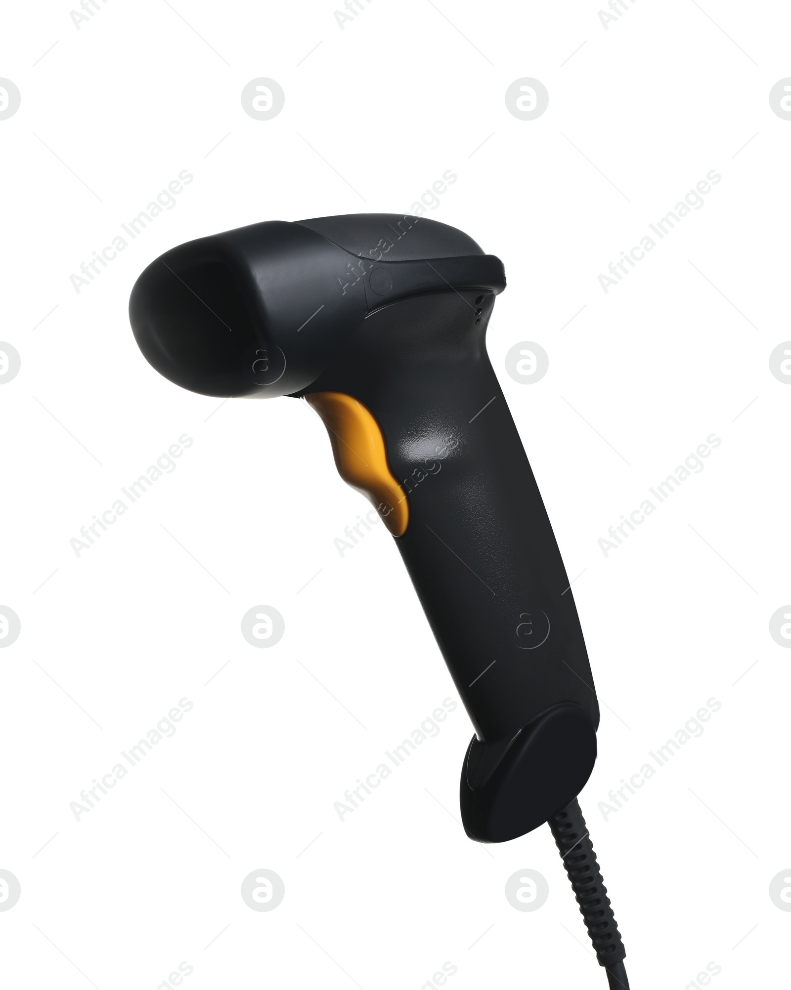 Photo of Black modern barcode scanner isolated on white