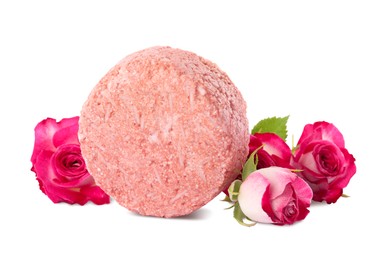Solid shampoo bar and roses on white background. Hair care
