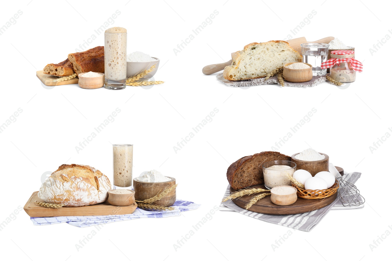 Image of Collage with sourdough starter and different freshly baked bread isolated on white. Leavening agent