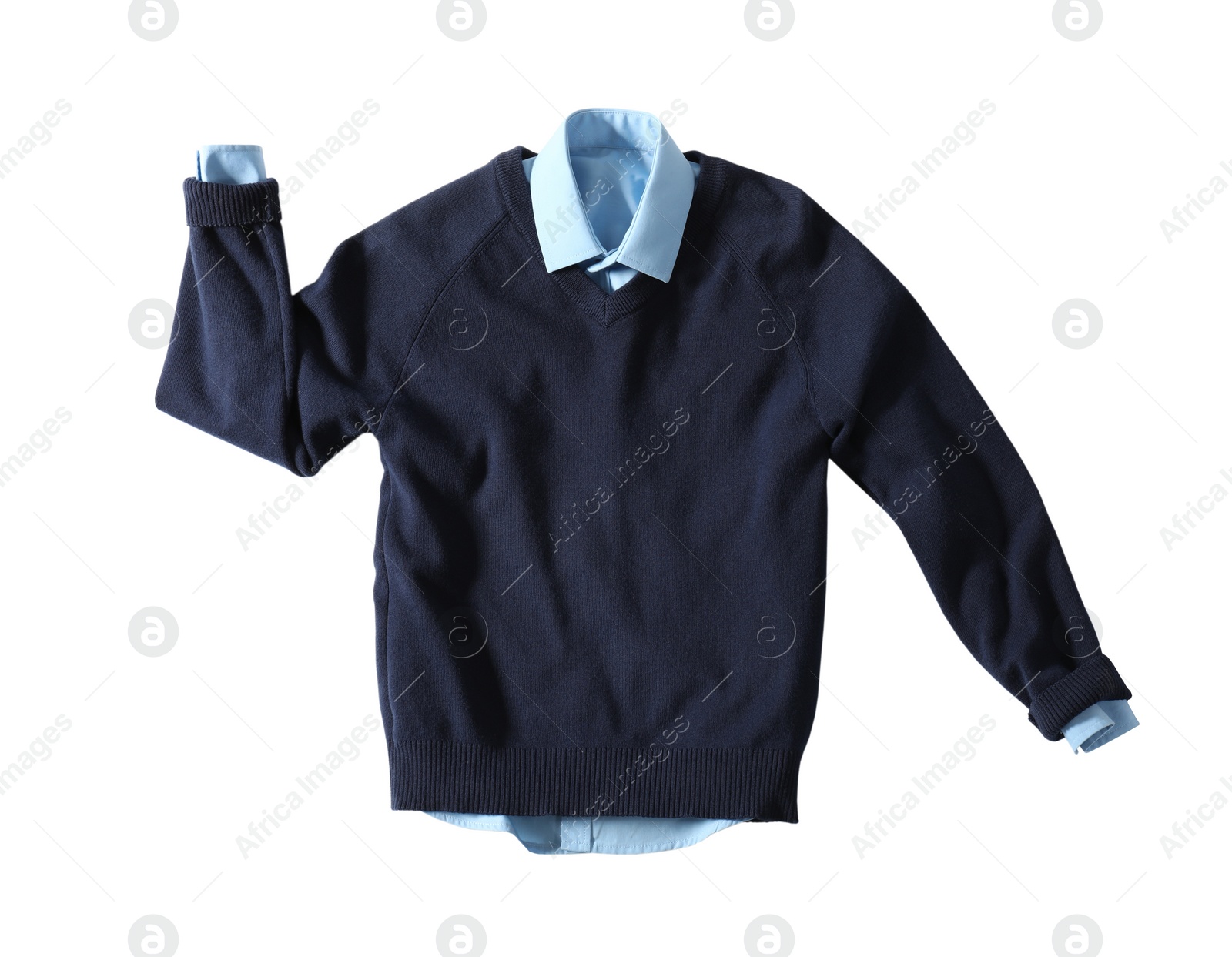 Photo of Stylish school uniform for boy on white background, top view.