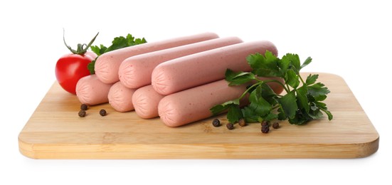 Photo of Fresh raw vegetarian sausages, tomato and parsley on white background